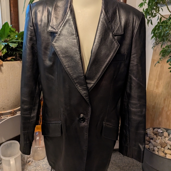 NWOT Linda Allard Ellen Tracy Blk Leather One Button Blazer Sz 12R - Picture 2 of 7